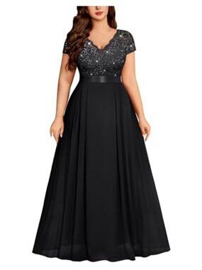 Plus Size Sequin Lace Formal Gown Chiffon Maxi A-Line Dress